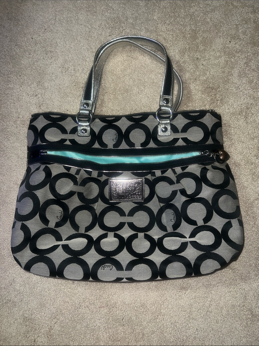 Coach Black and Gray Signature Shoulder Bag with Silver Handles